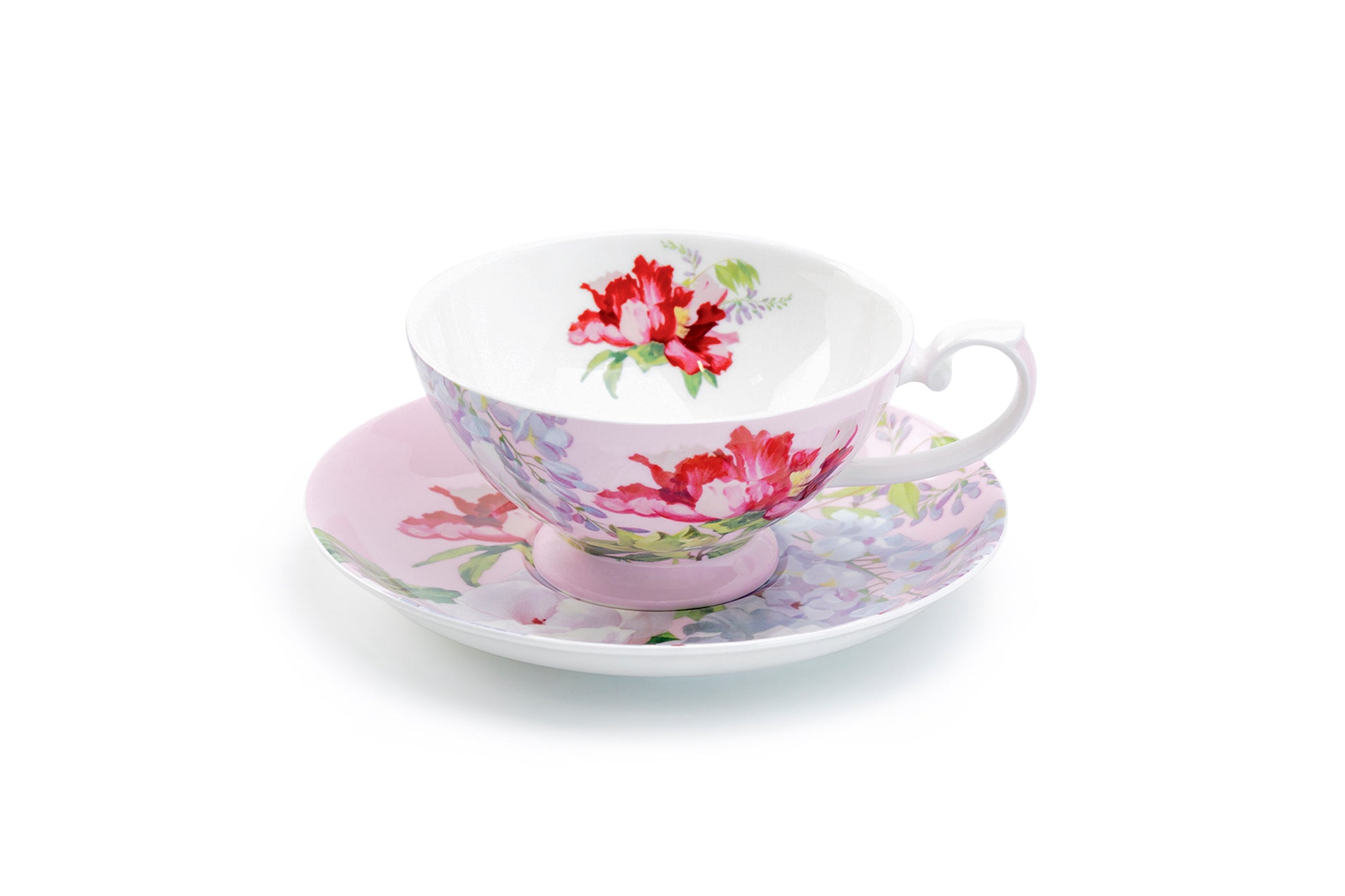 Stechcol Gracie Bone China Red Peony Bloom Pink Bone China Cup and Saucer