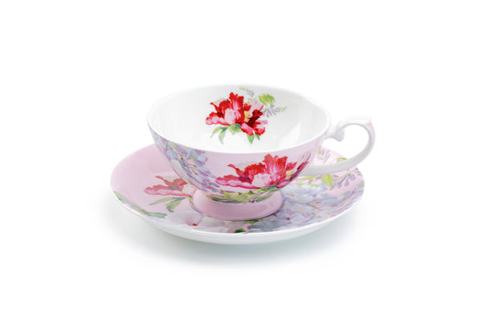 Stechcol Gracie Bone China Red Peony Bloom Pink Bone China Cup and Saucer