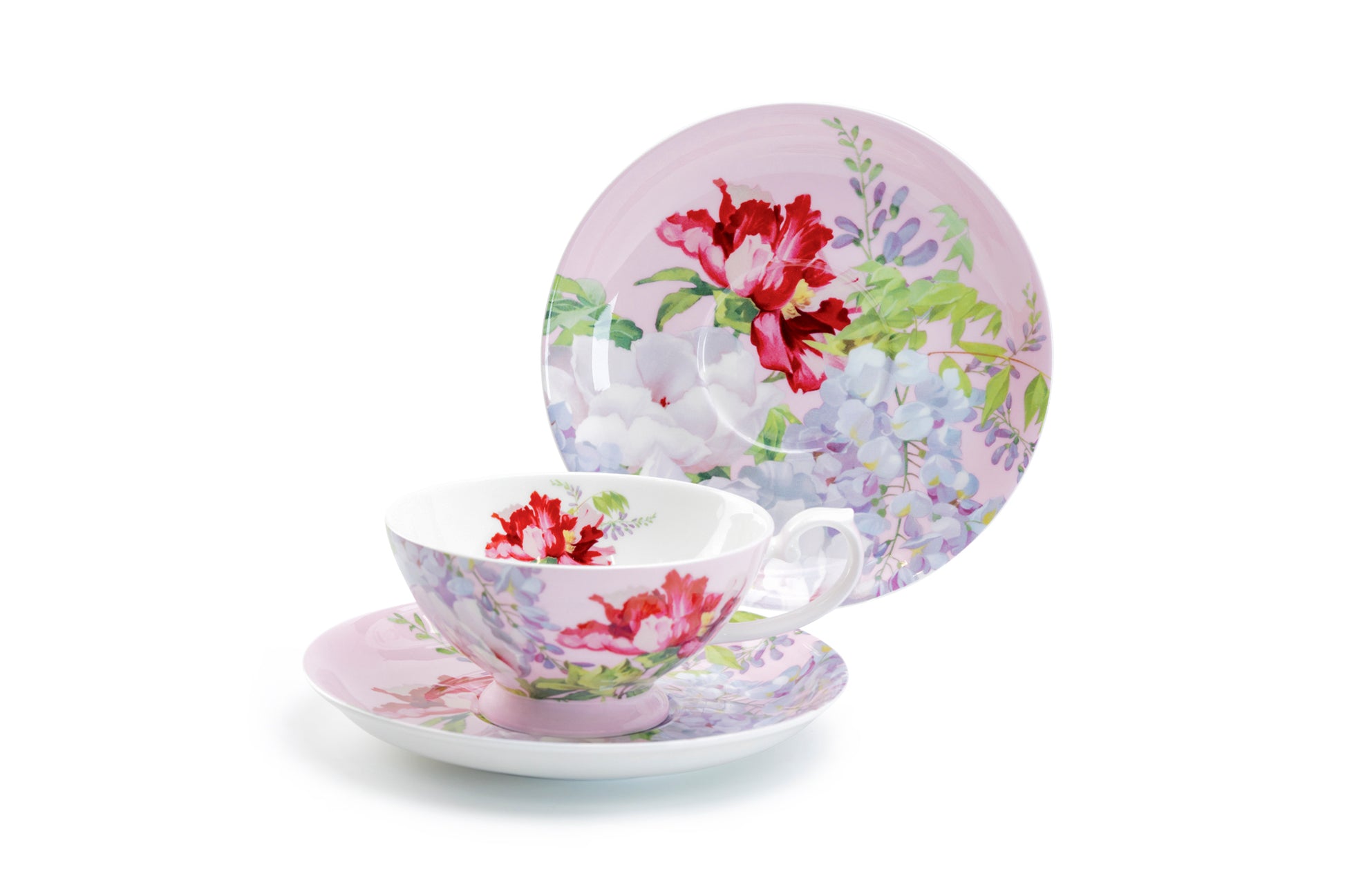 Stechcol Gracie Bone China Red Peony Bloom Pink Bone China Cup and Saucer Set