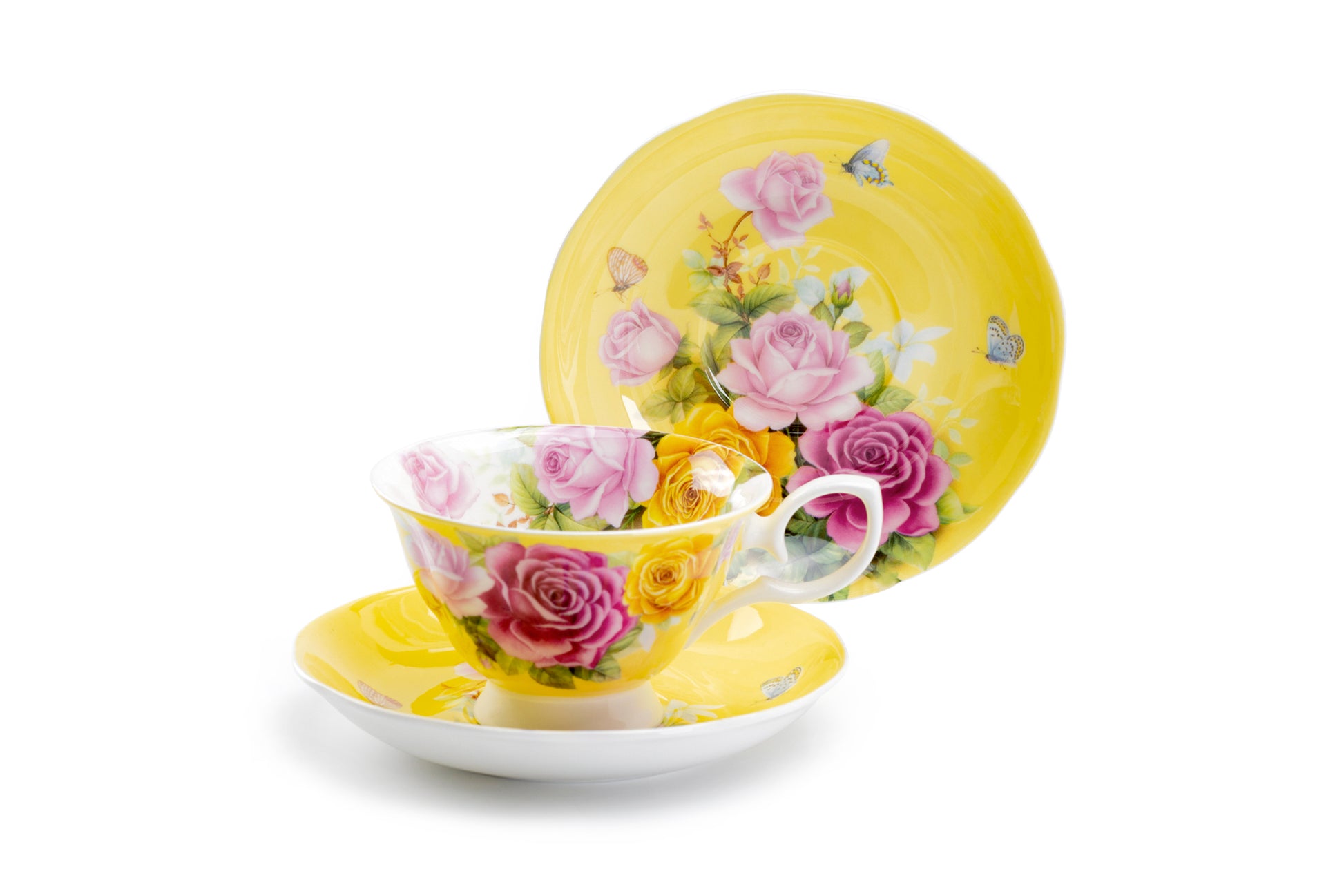 Stechcol Gracie Bone China Rose Bouquet Yellow Tea Cup and Saucer Set