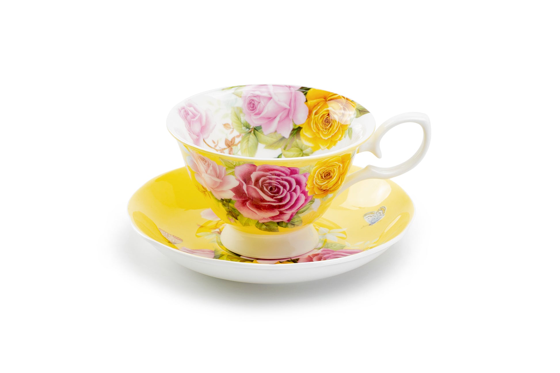 Stechcol Gracie Bone China Rose Bouquet Yellow Tea Cup and Saucer