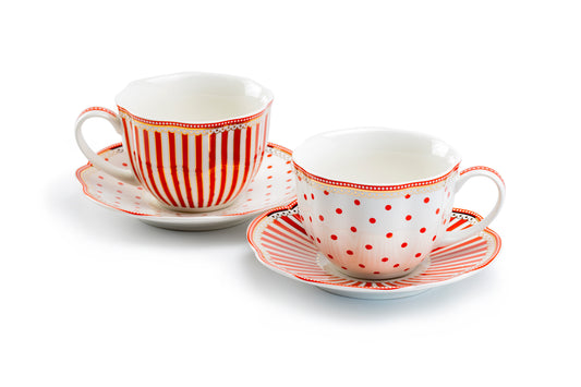 Grace Teaware Red Josephine Stripes and Dots Fine Porcelain Cup and Saucer Sets