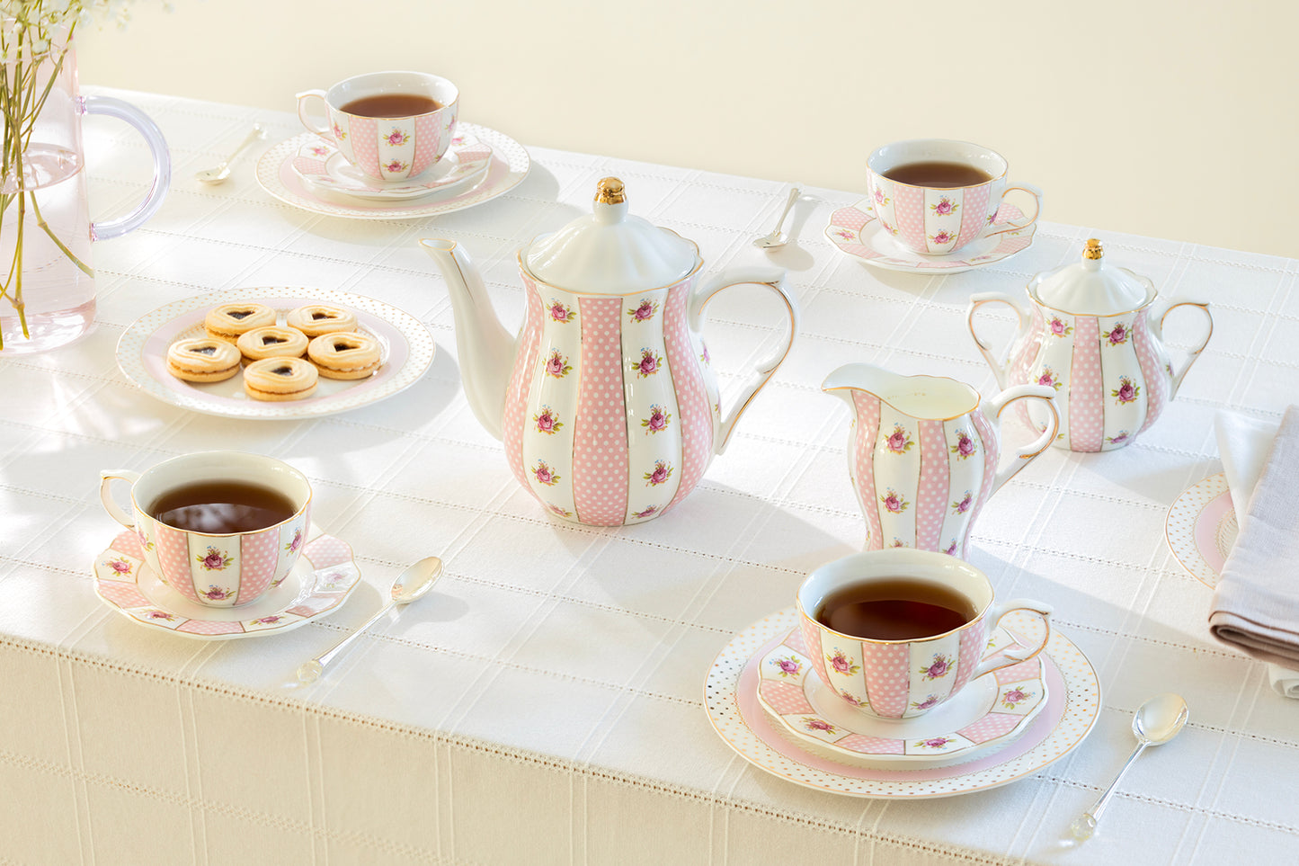Pink Polka Dot Rosebud Scallop Fine Porcelain Tea Set