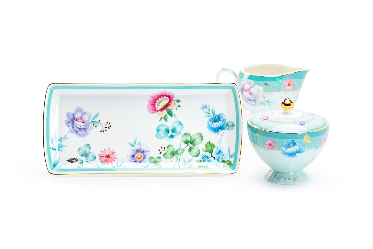 Grace Teaware Gift Boxed Mint Flower Floral Garden Fine Porcelain Sugar Creamer & Serving Tray Set
