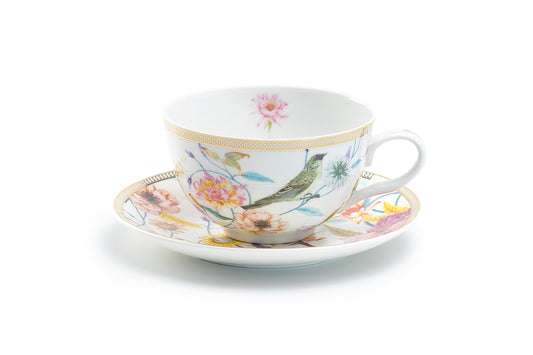 Grace Teaware Spring Flowers with Bird Fine Porcelain Latte Cup and Saucer