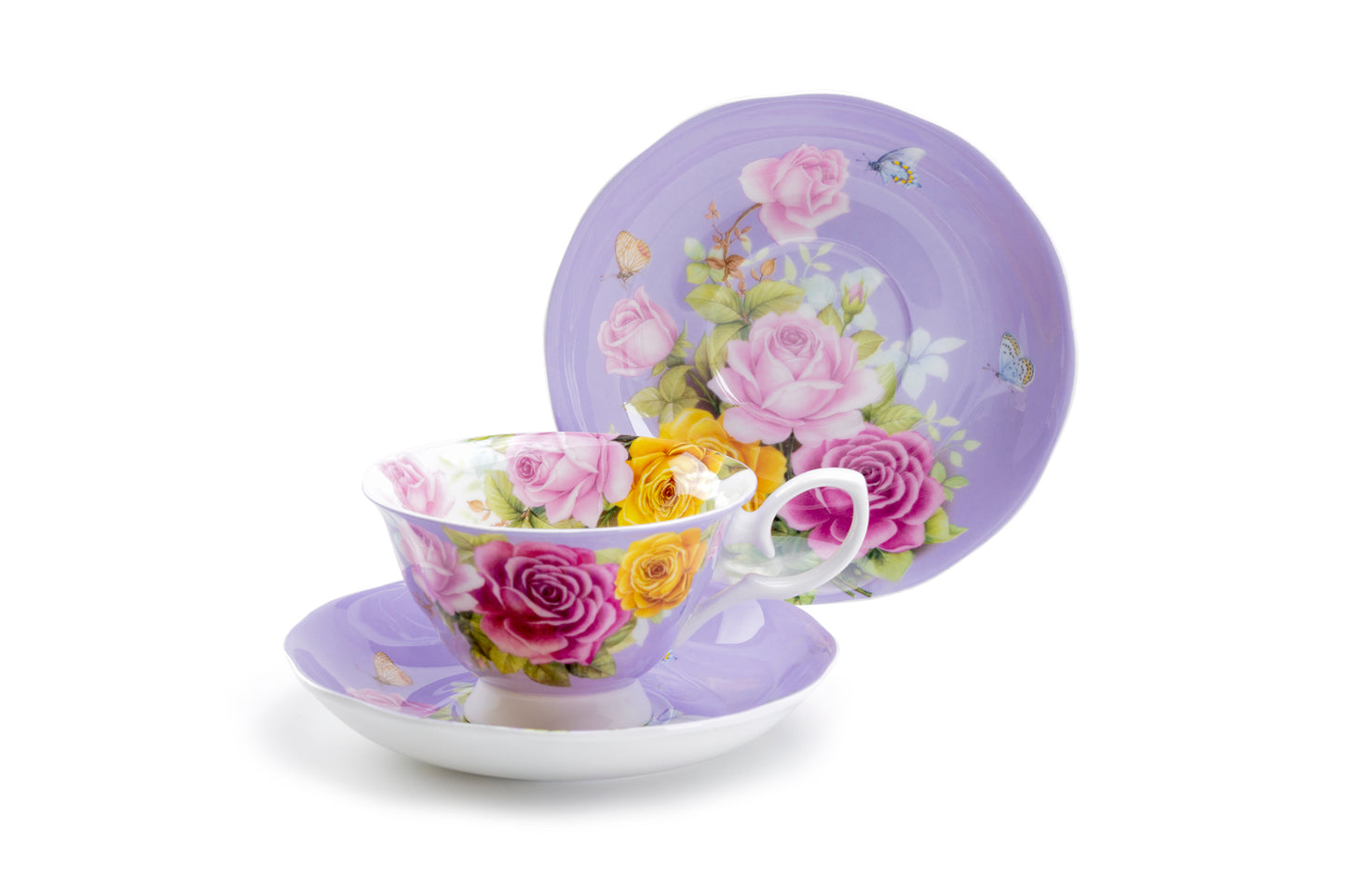 Stechcol Gracie Bone China Rose Bouquet Purple Tea Cup and Saucer Set