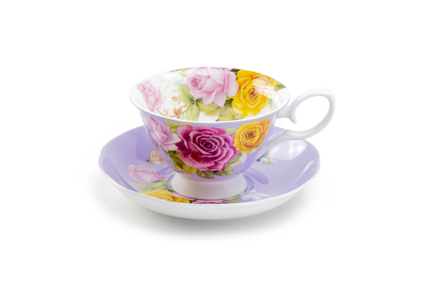 Stechcol Gracie Bone China Rose Bouquet Purple Tea Cup and Saucer