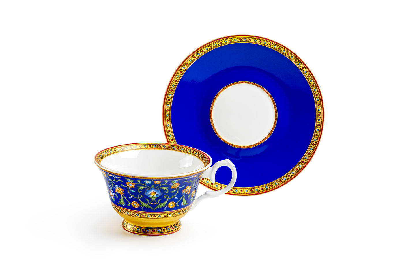 Royal Blue Floral Bone China Tea Cup and Saucer