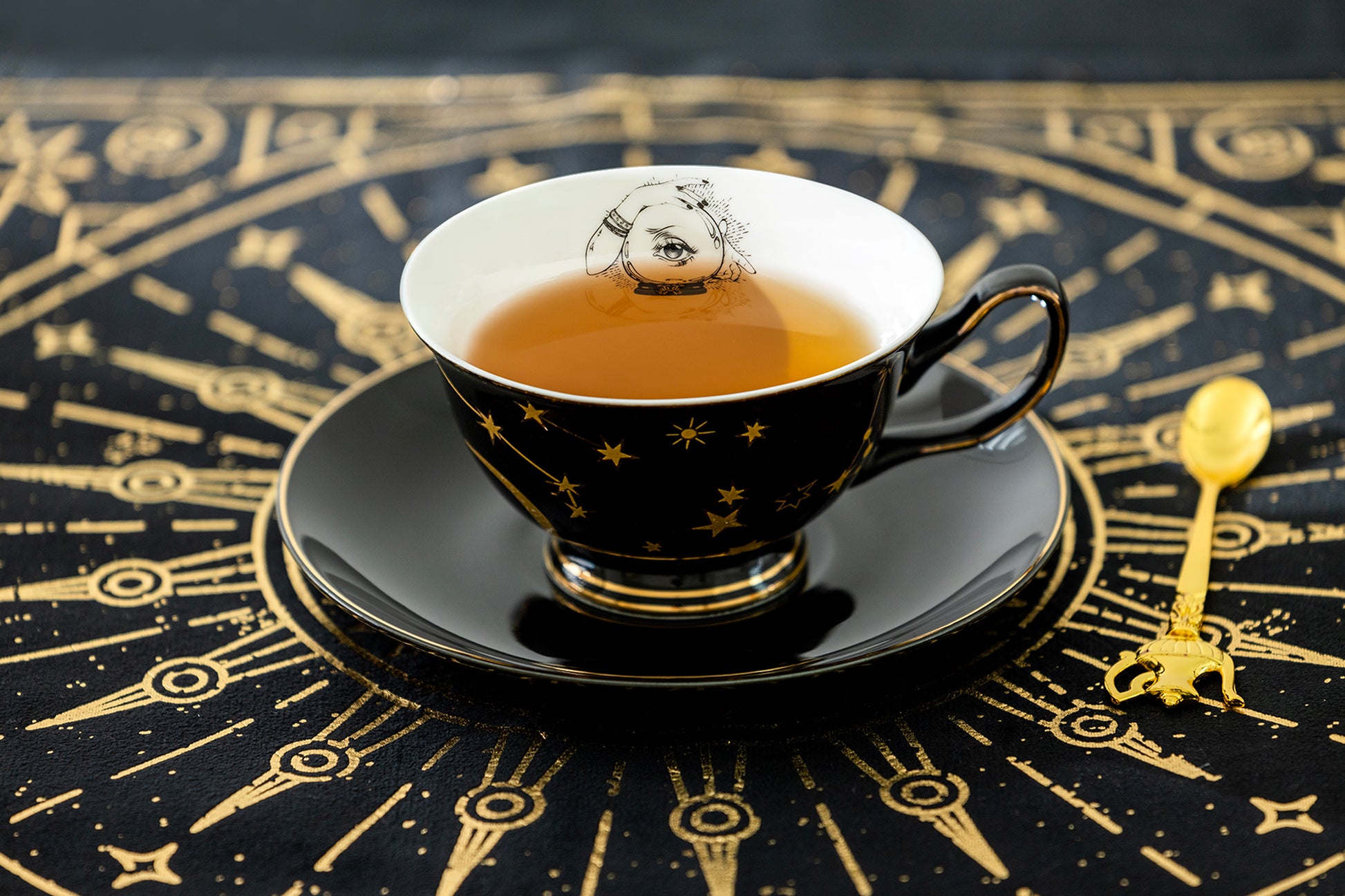 Grace Teaware Halloween Witchy Crystal Ball Fortune Teller Psychic Astrology Black Gold Tea Cup and Saucer