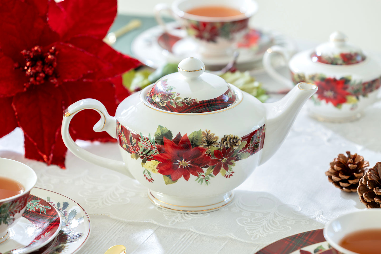 Poinsettia Pine Cone Fine Porcelain Tea Set
