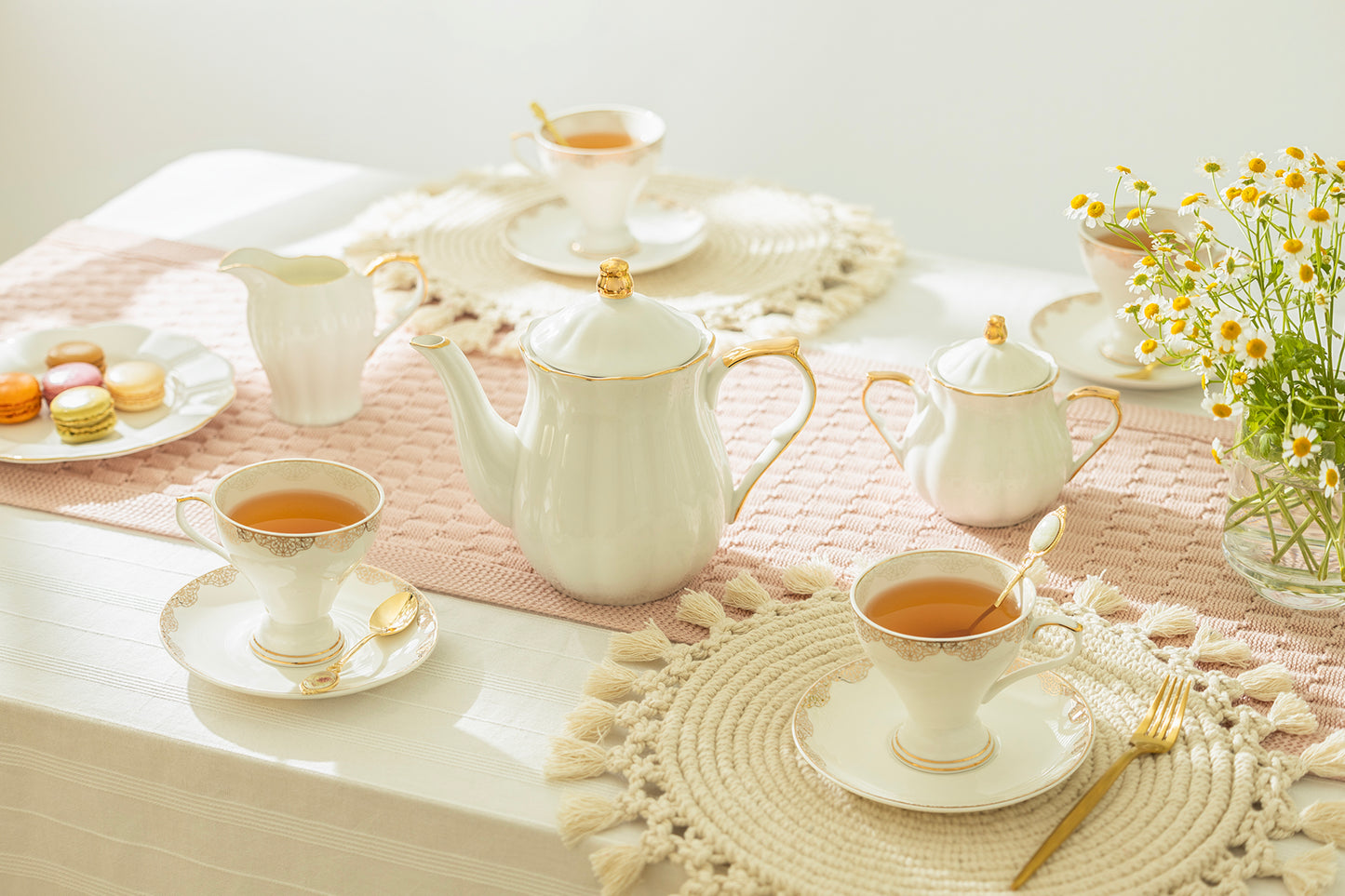 White Gold Lace Fine Porcelain Tea Set