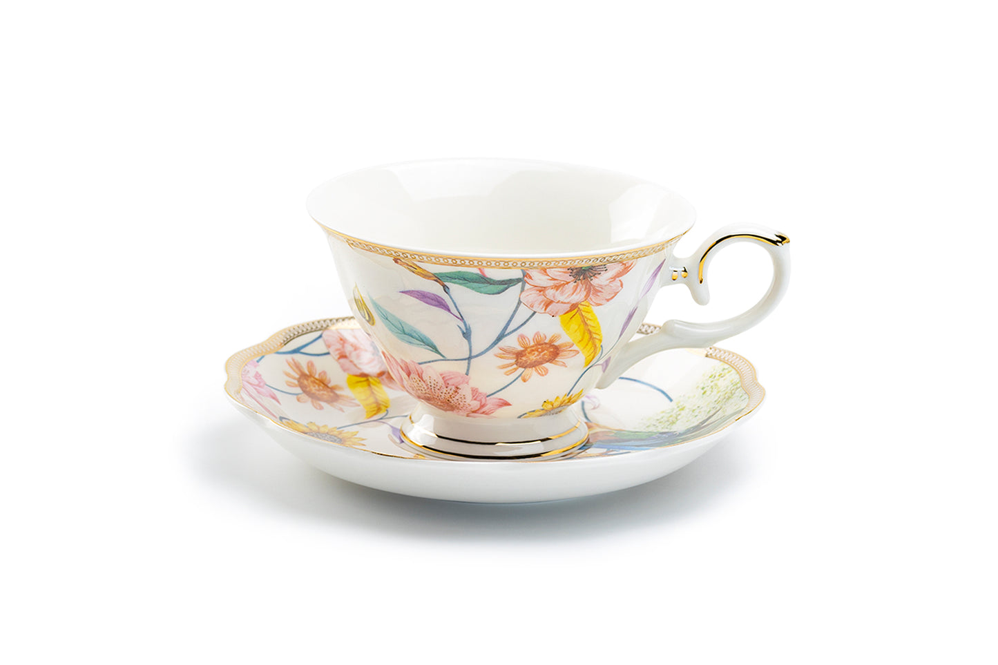 Spring Flowers with Hummingbird Fine Porcelain Fluted Cup and Saucer