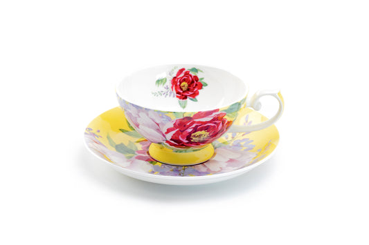 Stechcol Gracie Bone China Red Peony Bloom Yellow Bone China Cup and Saucer