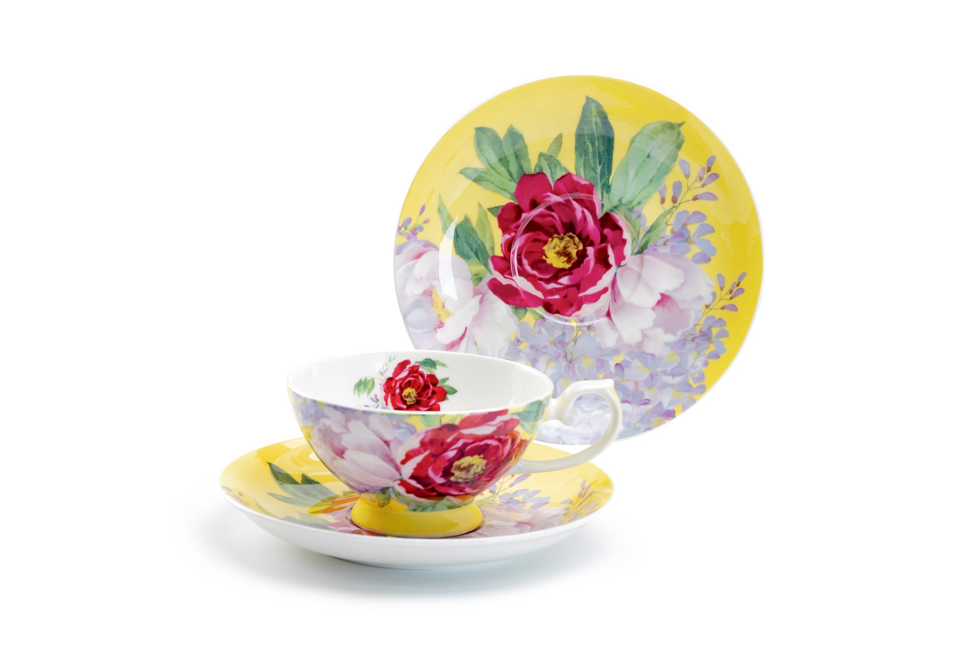 Stechcol Gracie Bone China Red Peony Bloom Yellow Bone China Cup and Saucer Set