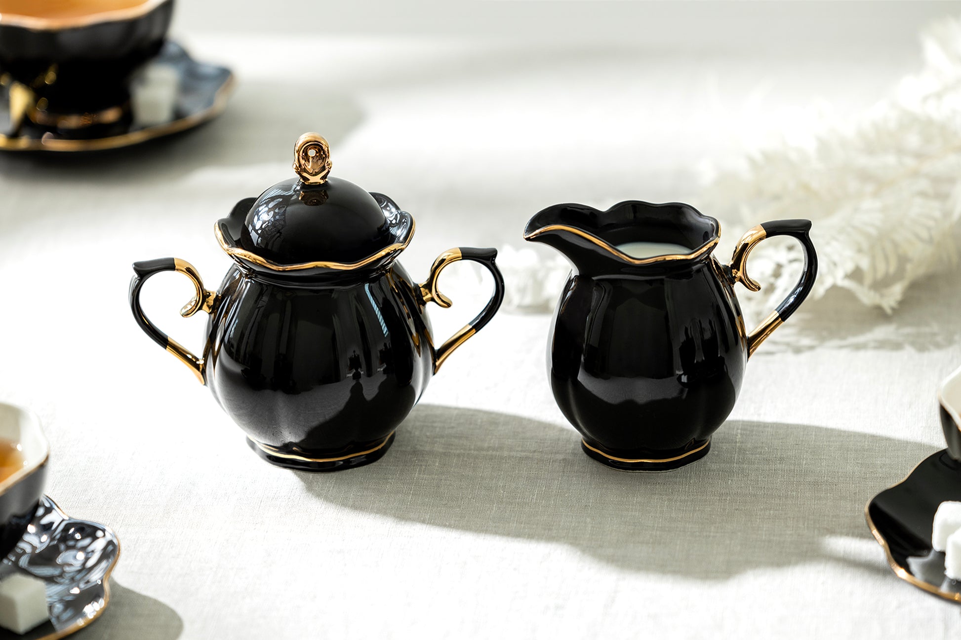 Grace Teaware Black Gold Scallop Fine Porcelain Sugar & Creamer Set