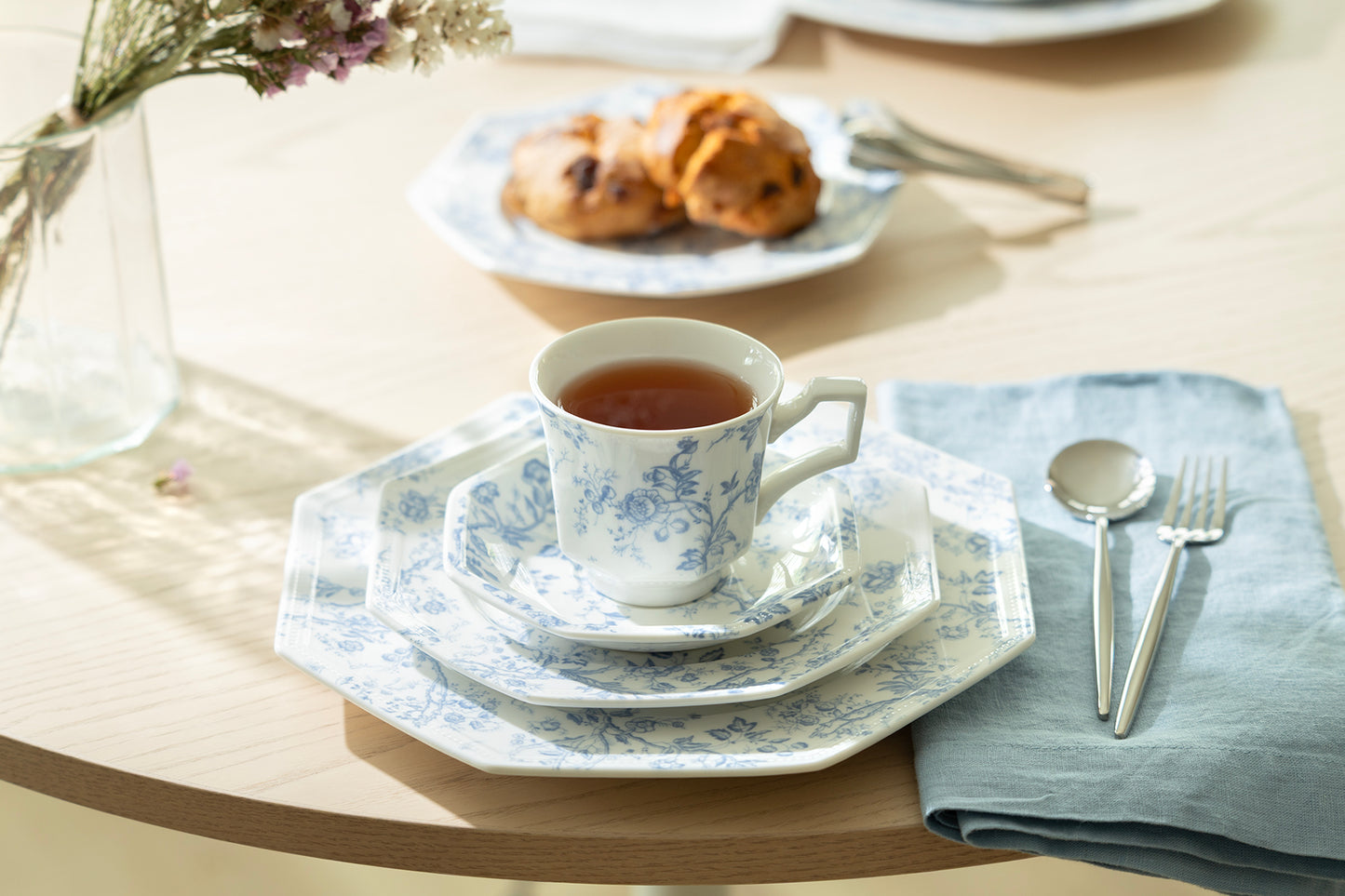 Blue Rose Octagonal Fine Porcelain Cup and Saucer