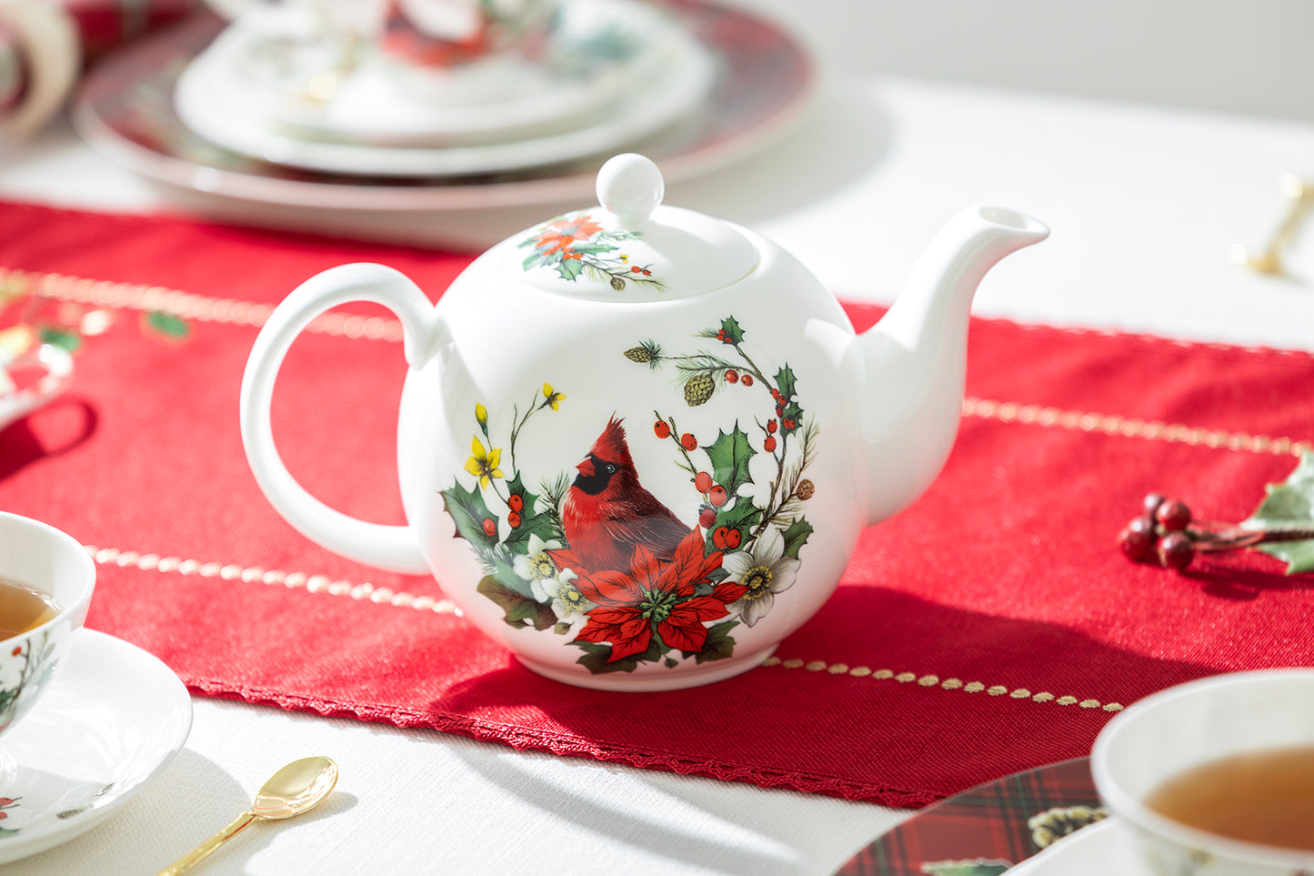 Stechcol Gracie Bone China Red Cardinal and Poinsettia Teapot