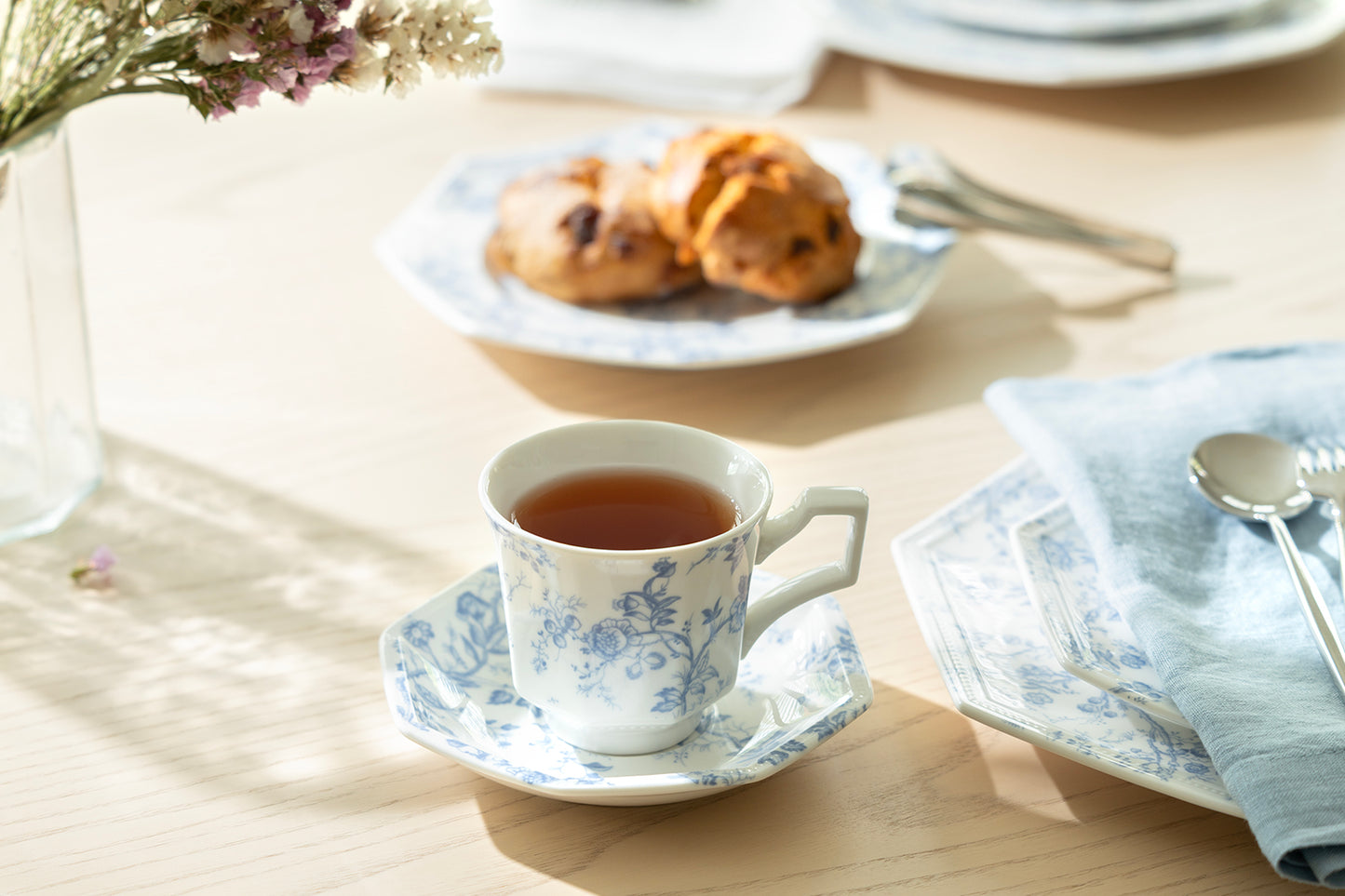 Blue Rose Octagonal Fine Porcelain Cup and Saucer