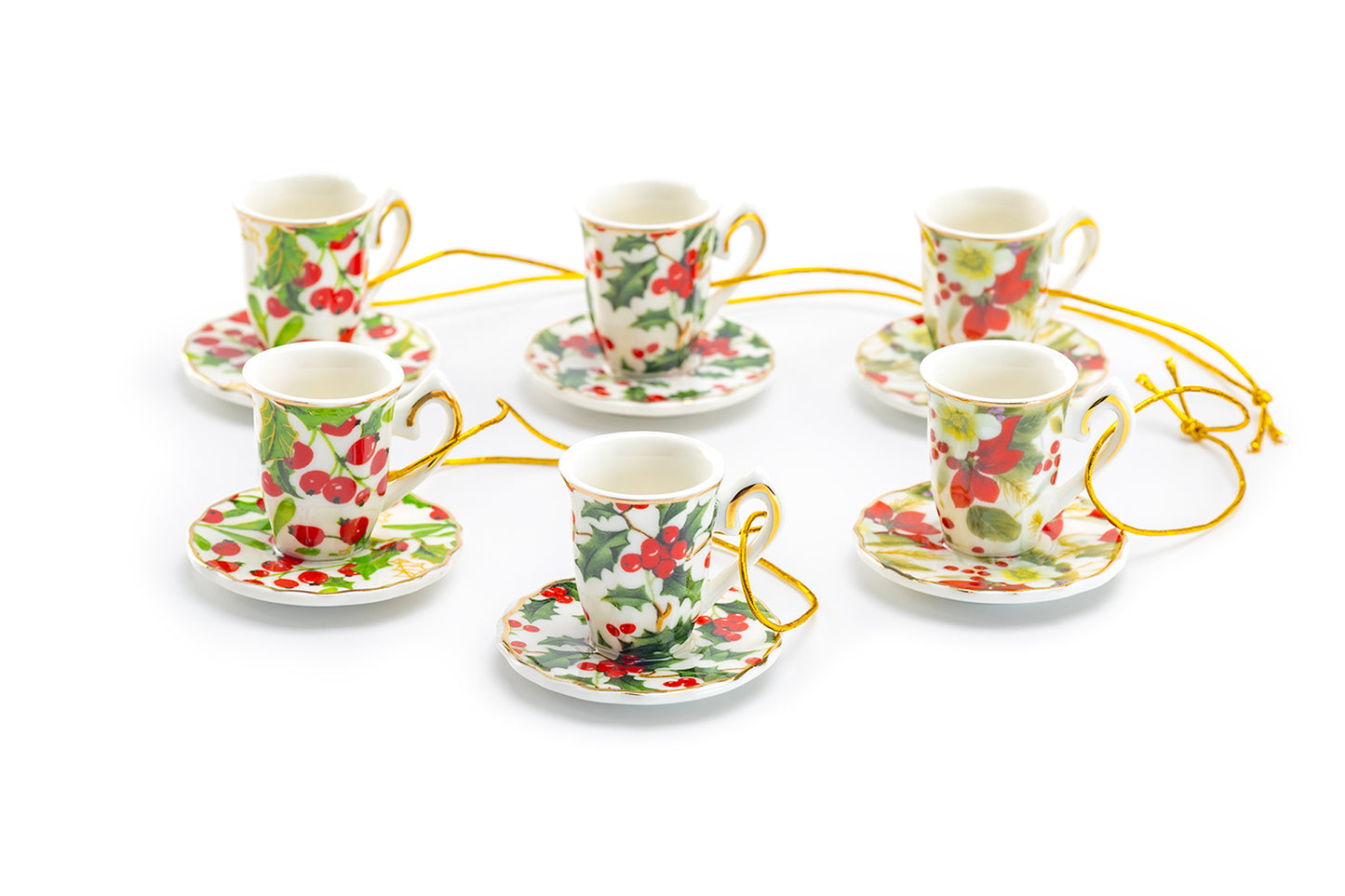 Grace Teaware Holly Berries and Poinsettia Assorted Mini Teacups Ornament Set of 6 Christmas Tree Ornament