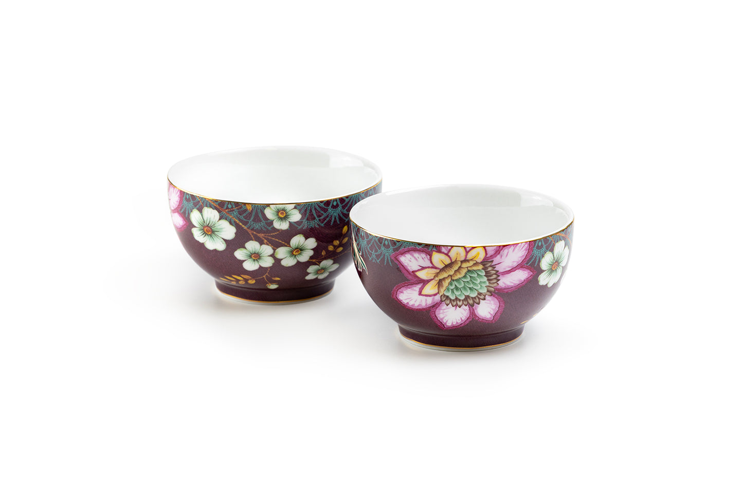 Peacock Lotus Garden Plum Blossom Fine Porcelain Tidbit Bowls Set of 2