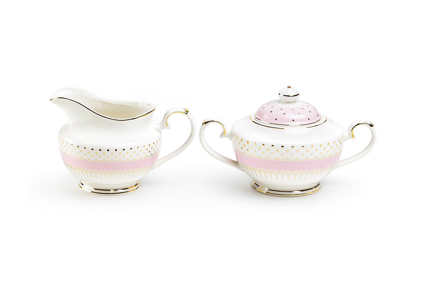 Pink Stripe with Gold Dots Fine Porcelain Sugar & Creamer Set