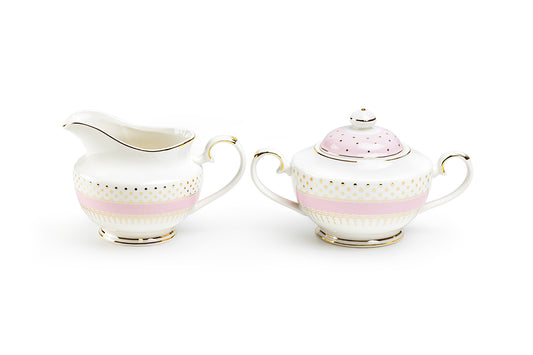 Pink Stripe with Gold Dots Fine Porcelain Sugar & Creamer Set