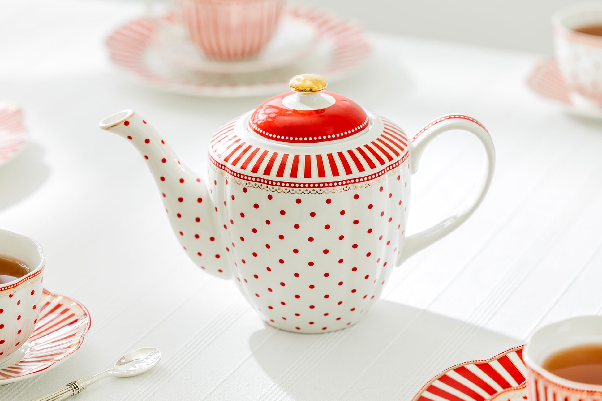 Grace Teaware Red Josephine Stripes and Dots Fine Porcelain Teapot