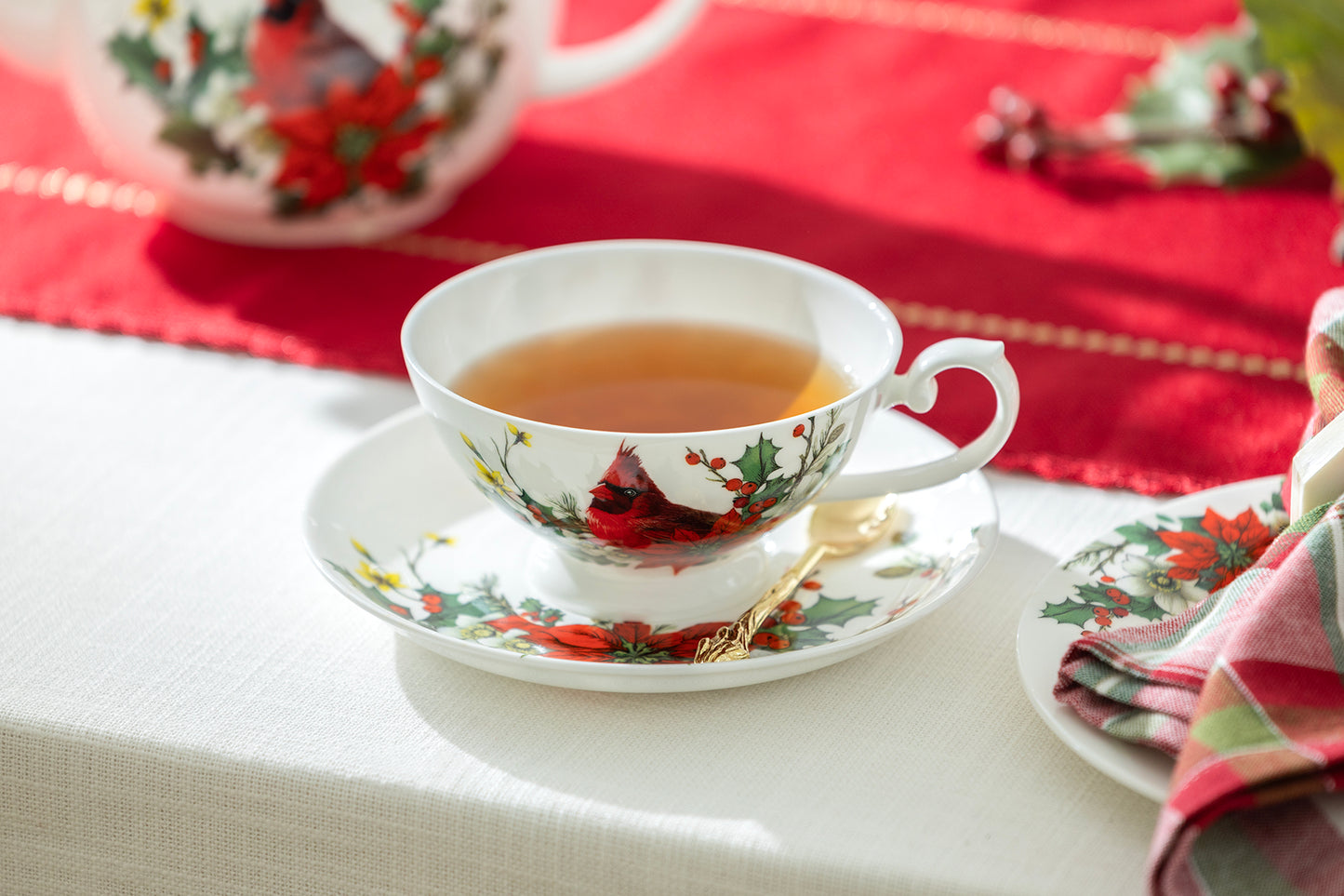 Stechcol Gracie Bone China Cardinal Poinsettia Bone China Cup and Saucer Set 