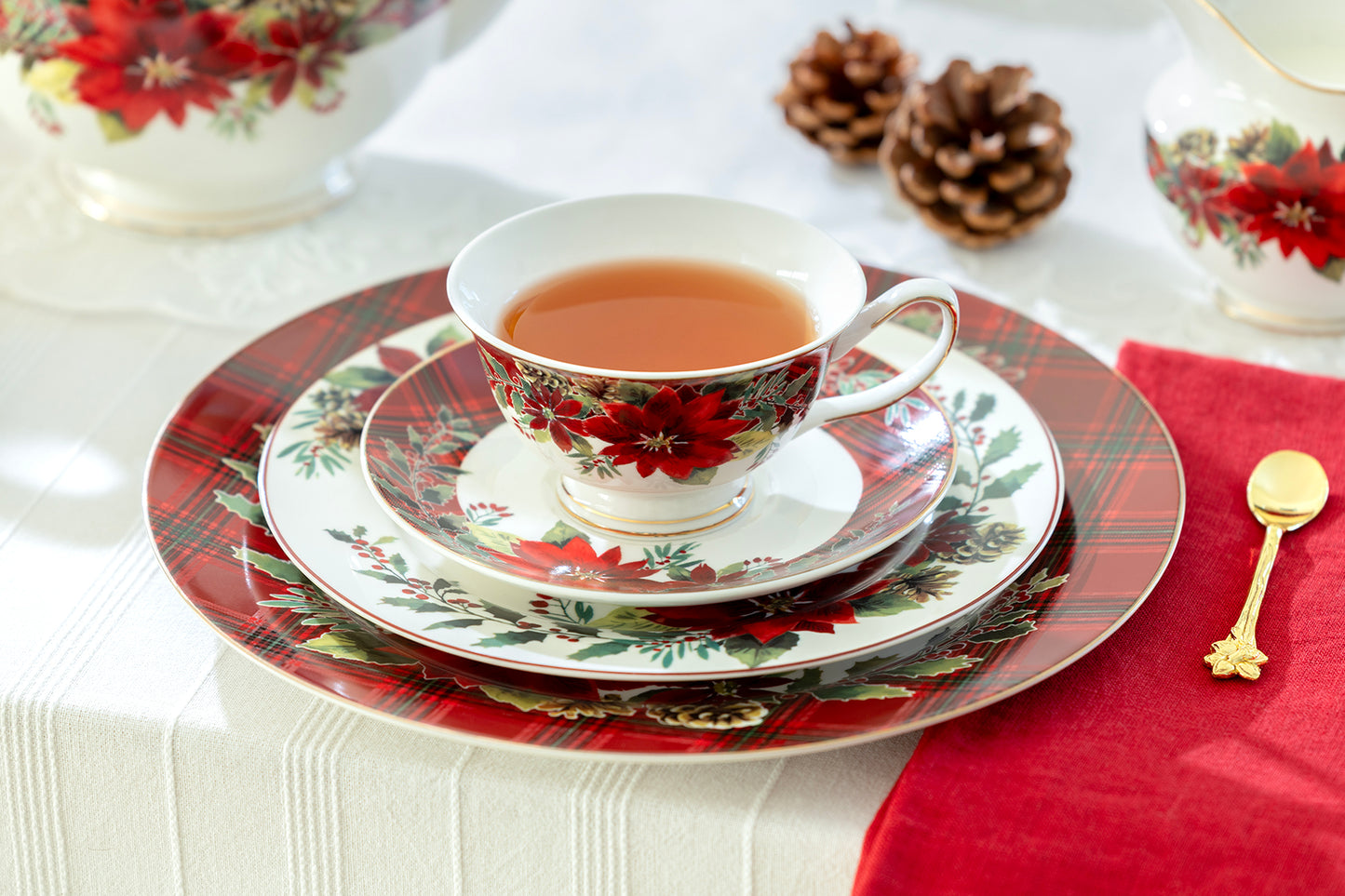 Poinsettia Pine Cone Fine Porcelain Tea Cup and Saucer