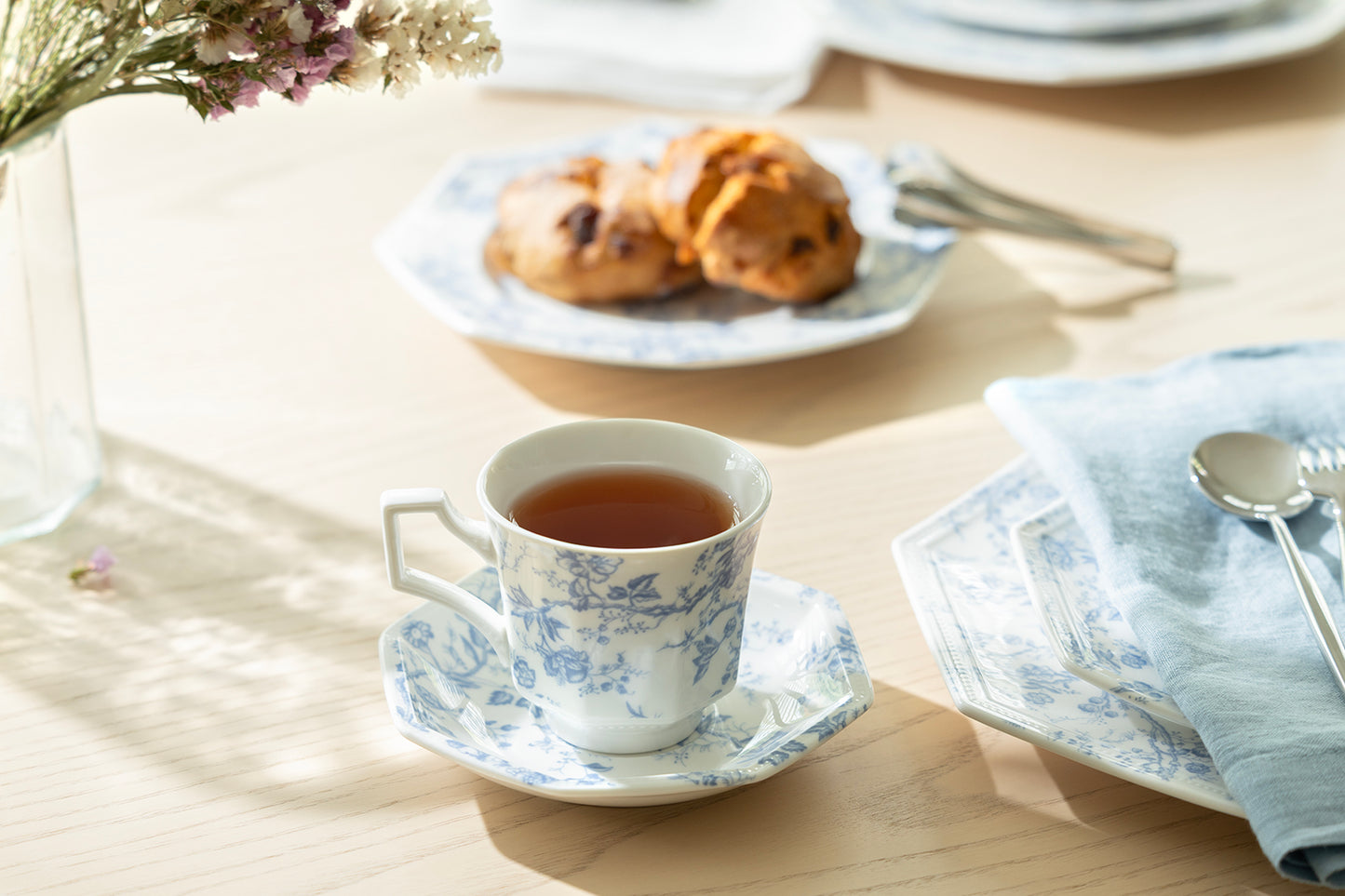 Blue Rose Octagonal Fine Porcelain Cup and Saucer