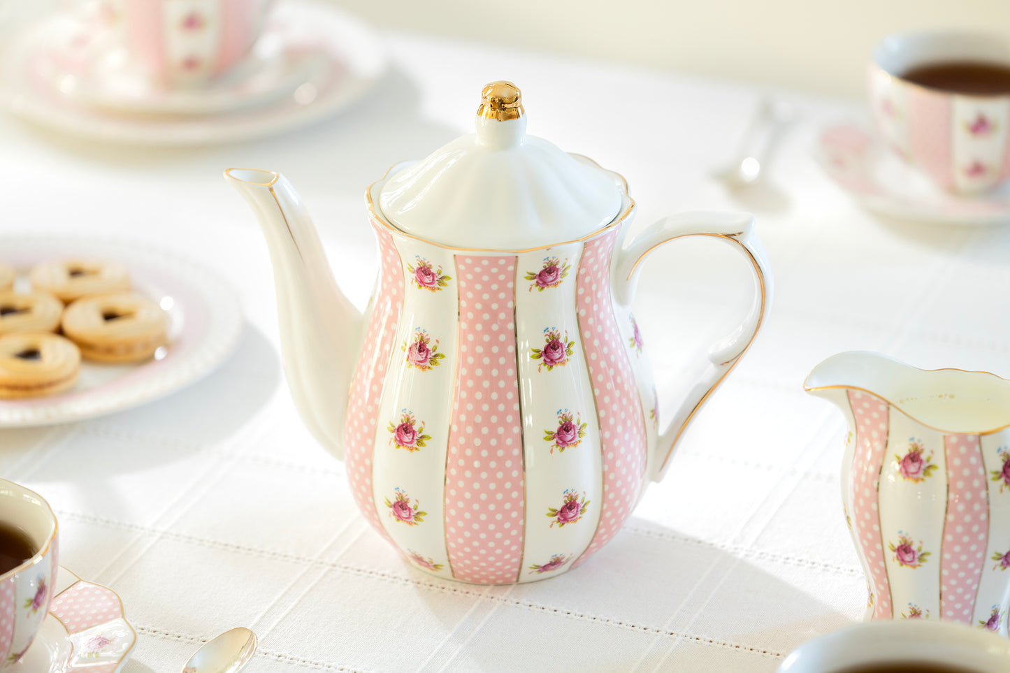 Pink Polka Dot Rosebud Scallop Fine Porcelain Teapot
