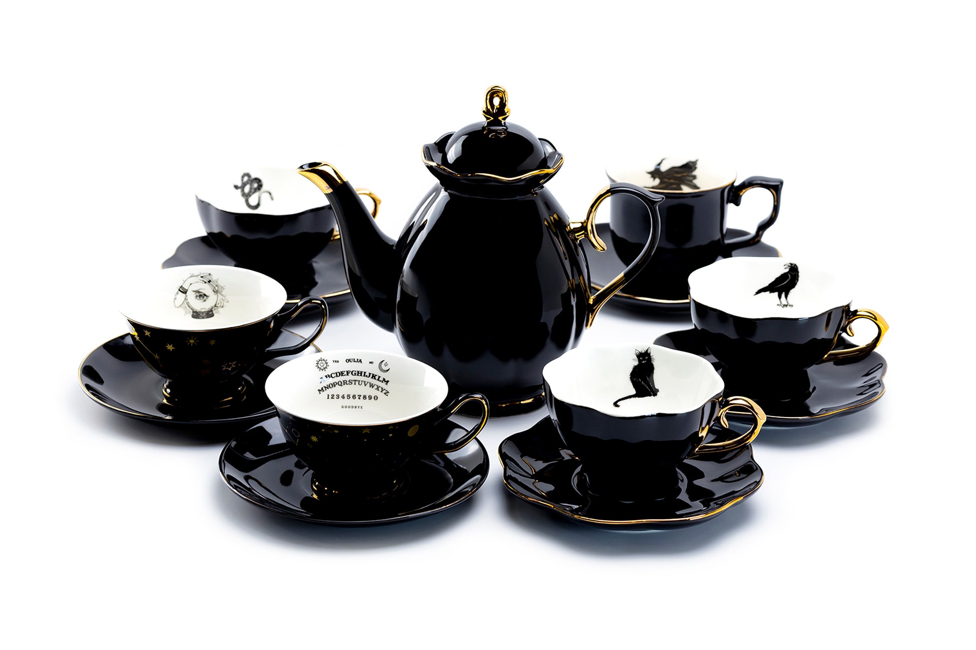 Grace Teaware Black Gold Scallop Teapot + 6 Assorted Halloween Tea Cup and Saucer Sets Hand Painted Gold Trim