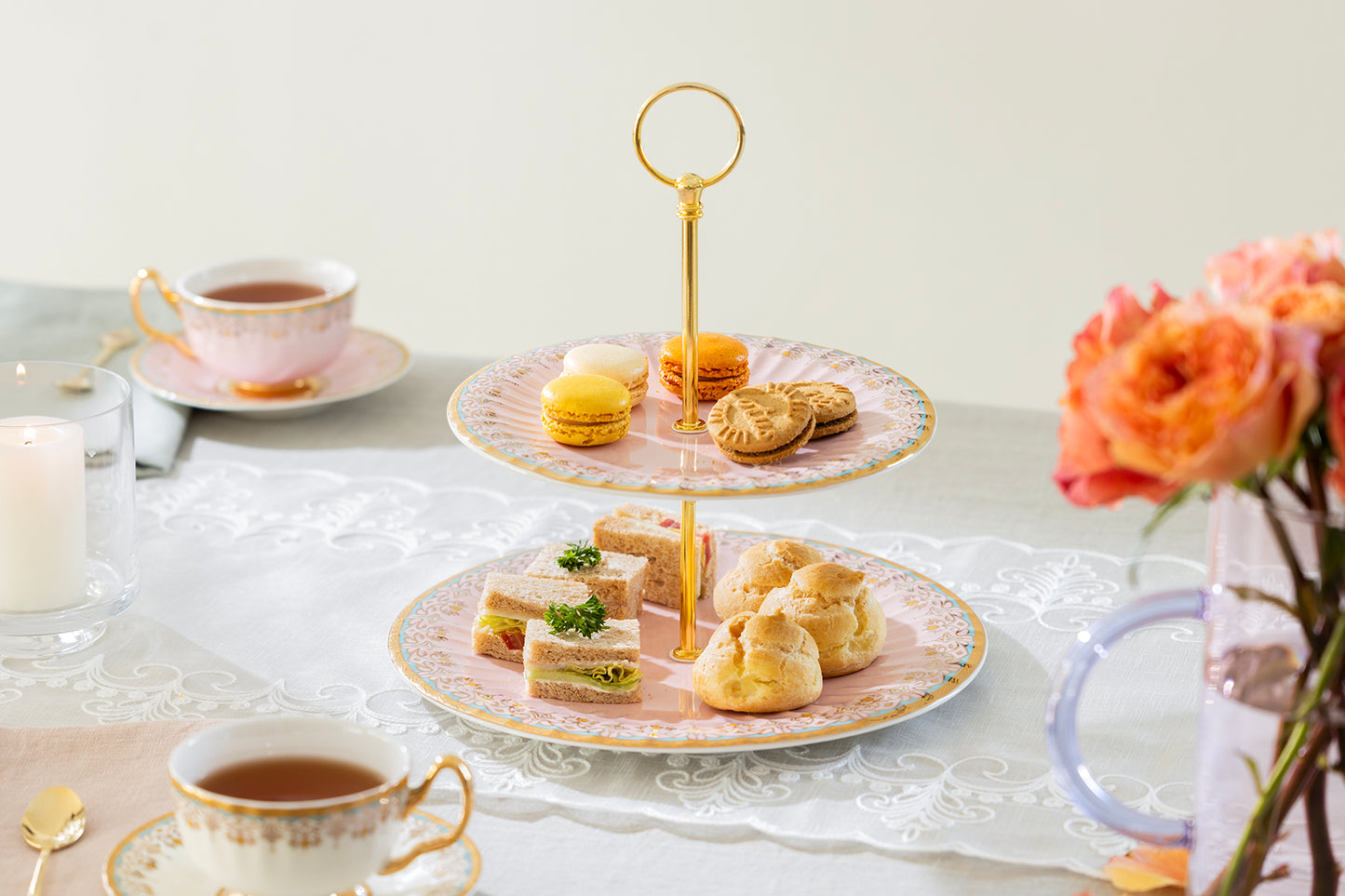Pink Floral Toile Fine Porcelain 2-Tier Server