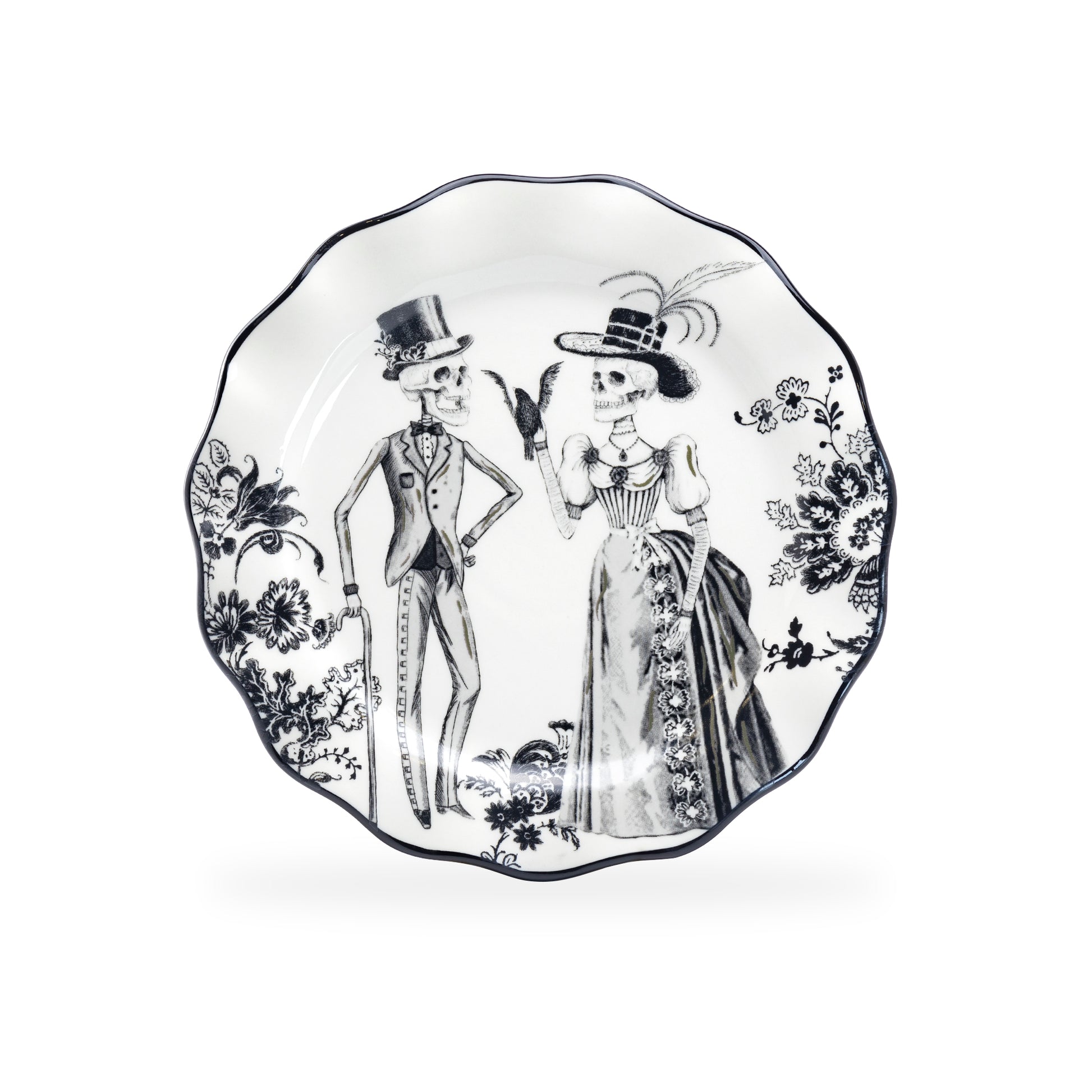 Potter's Studio Handmade 8.5" Halloween Skeletons Dessert / Salad Plate, skeleton couple plate