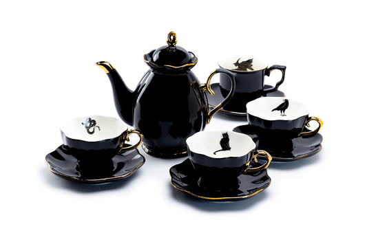 Grace Teaware Black Gold Scallop Teapot + 4 Halloween Tea Cup and Saucer Sets
