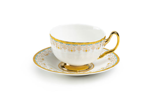 White Floral Toile Fine Porcelain Tea Cup and Saucer