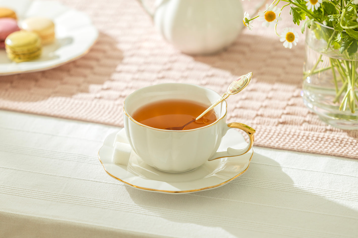 White Gold Scallop Fine Porcelain Tea / Latte Cup and Saucer