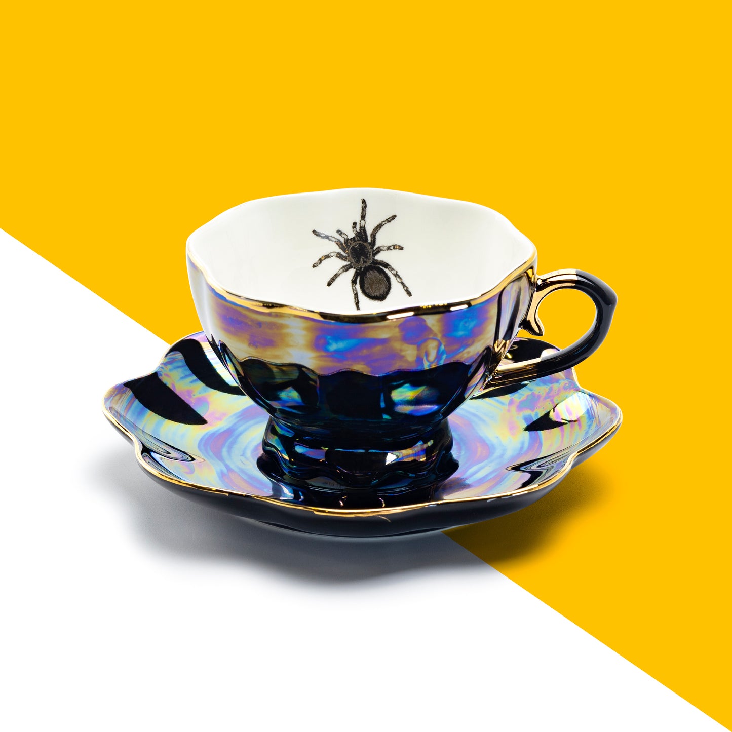 Grace Teaware Spider Black Gold Luster Fine Porcelain Tea Cup and Saucer