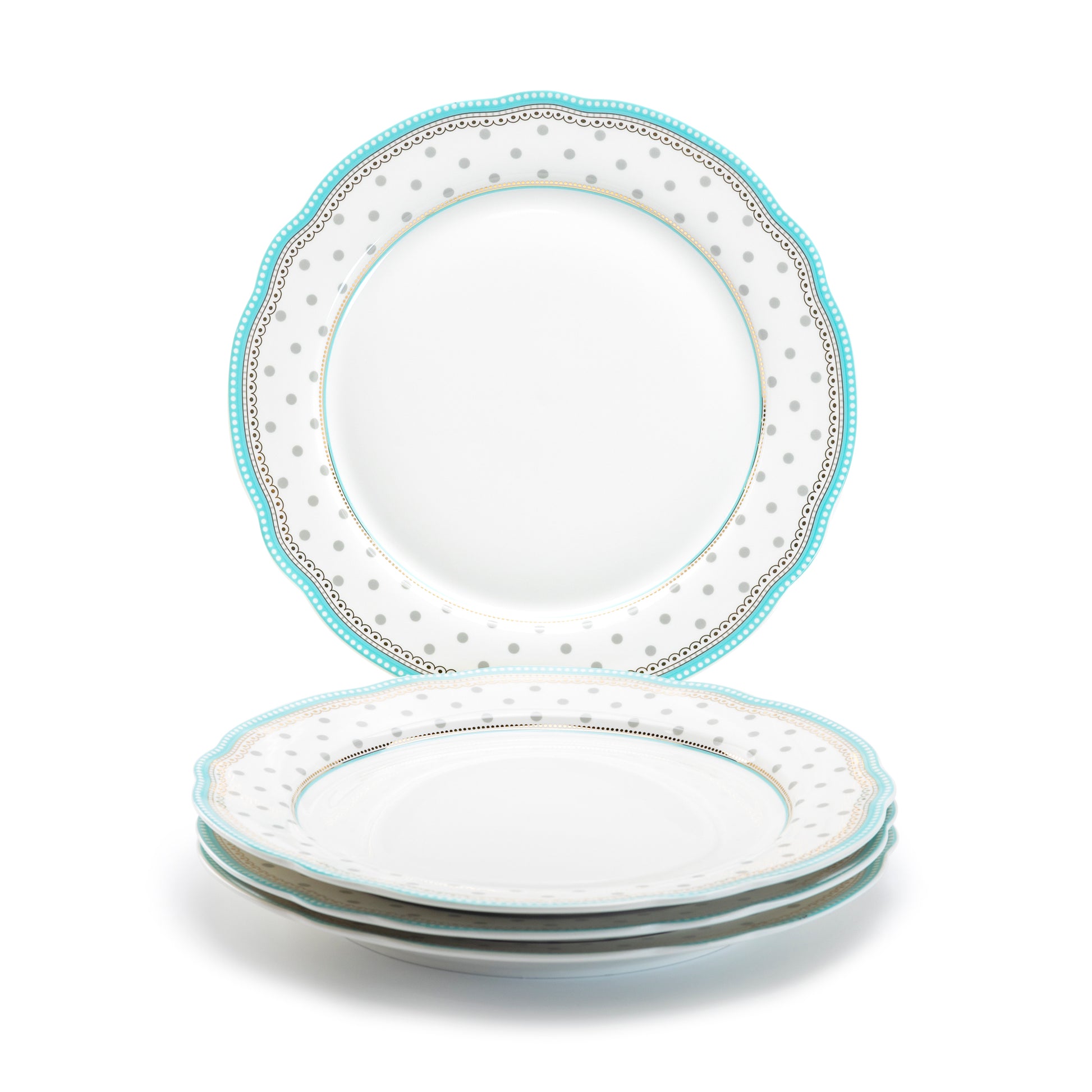 Grace Teaware 11" Turquoise Josephine Grey Dots Fine Porcelain Dinner Plate set