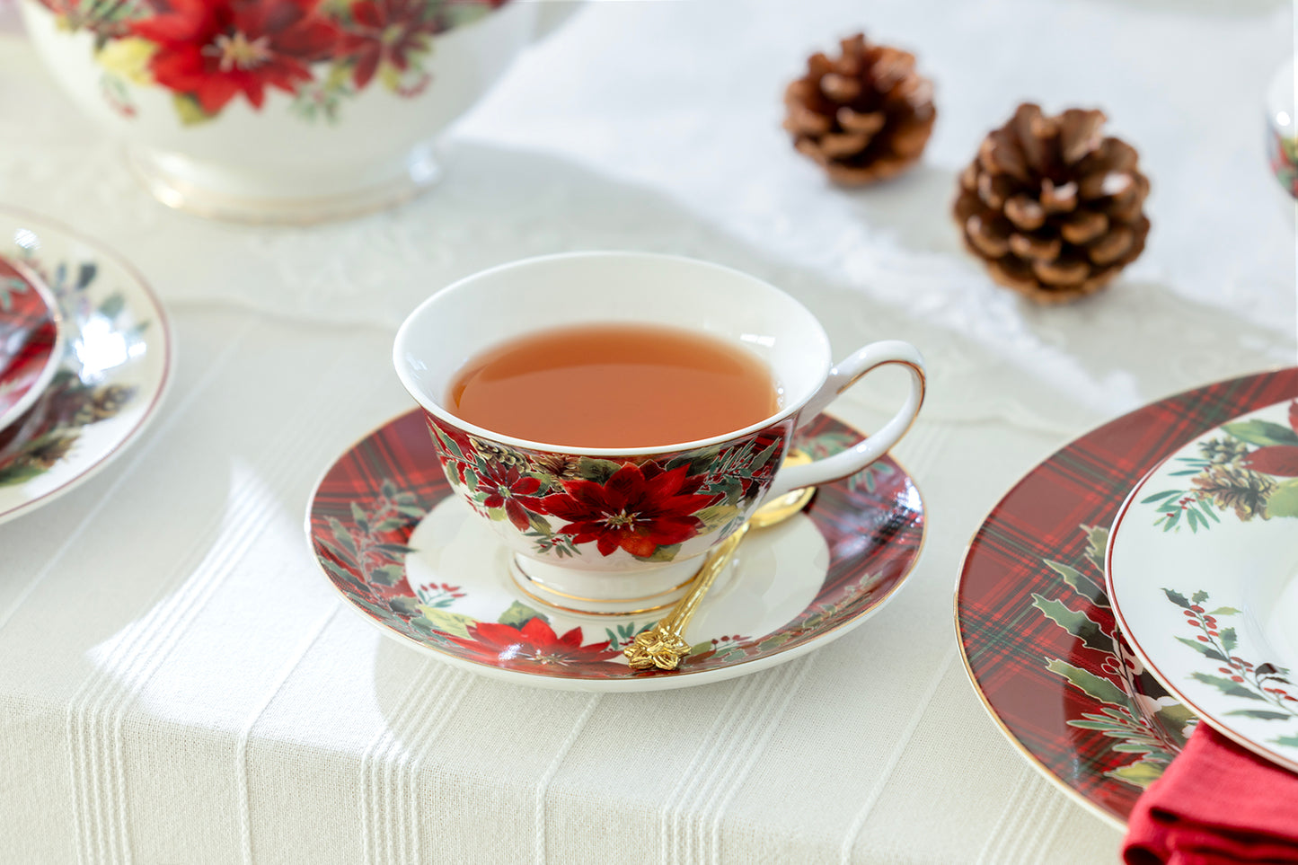 Poinsettia Pine Cone Fine Porcelain Tea Set