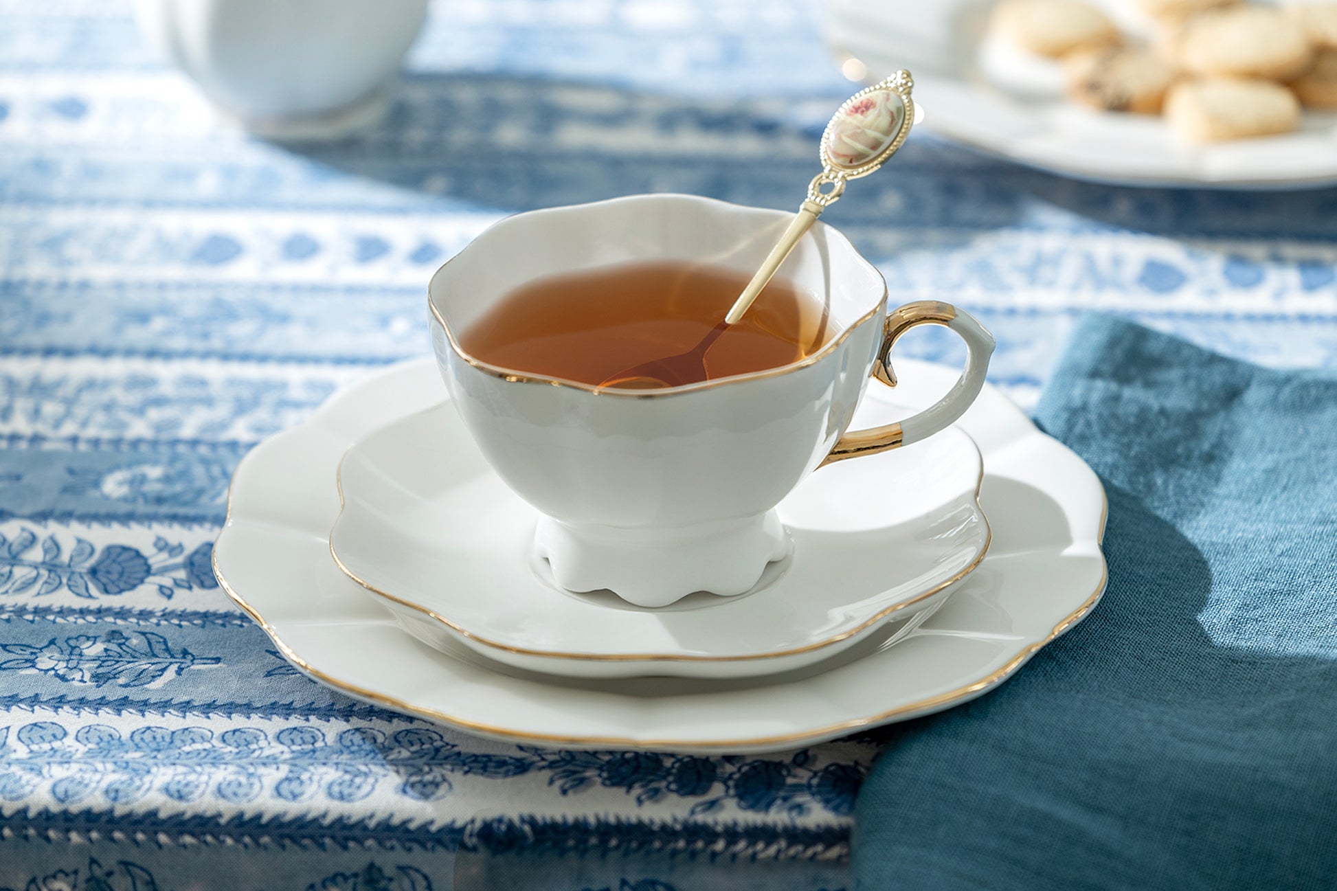 Grace Teaware White Gold Scallop Fine Porcelain Tea Cup and Saucer Dessert Plate Trio Set