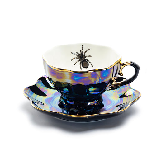 Grace Teaware Spider Black Gold Luster Fine Porcelain Tea Cup and Saucer