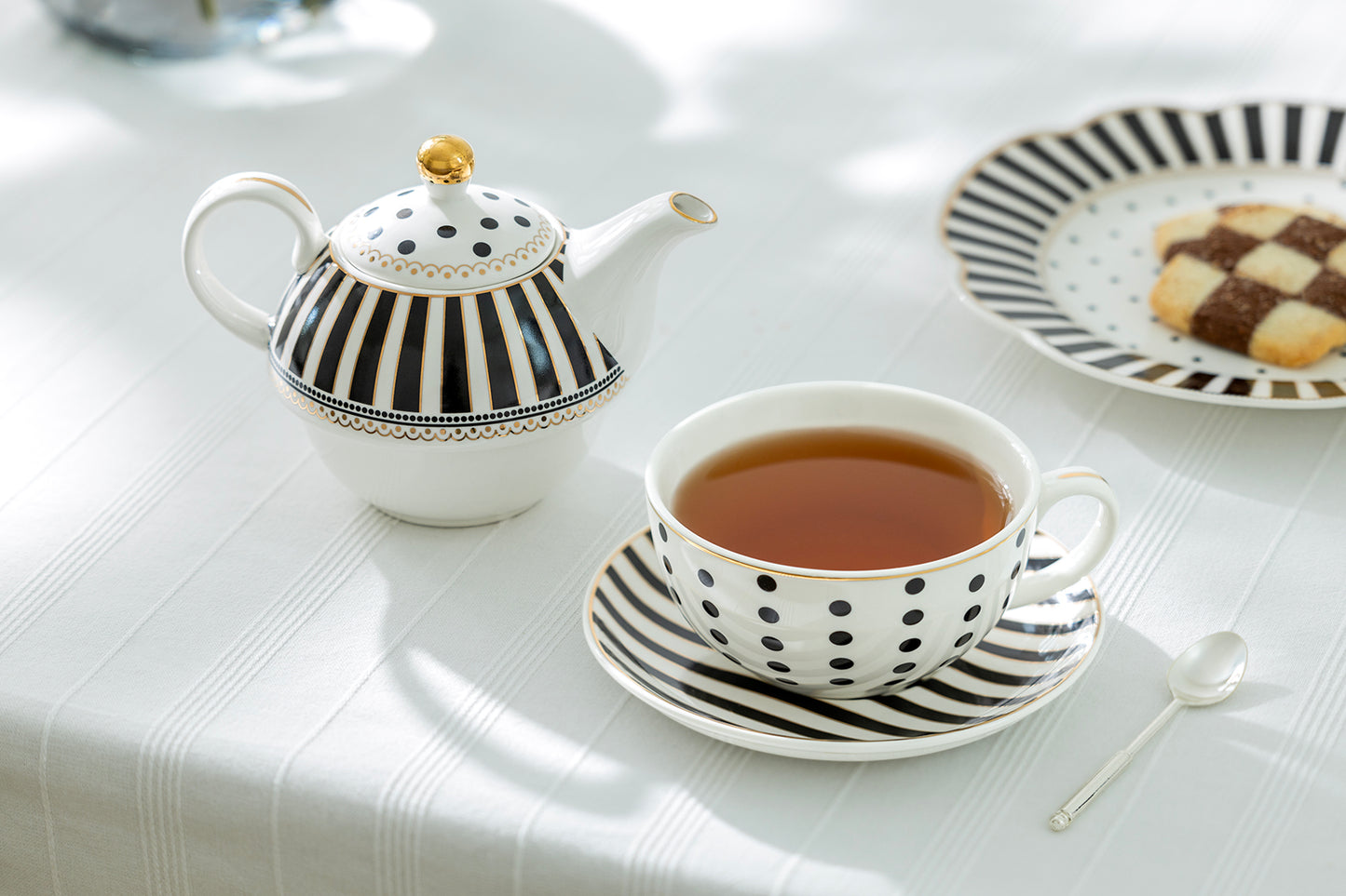 Black Josephine Stripes and Dots Fine Porcelain Tea For One Set