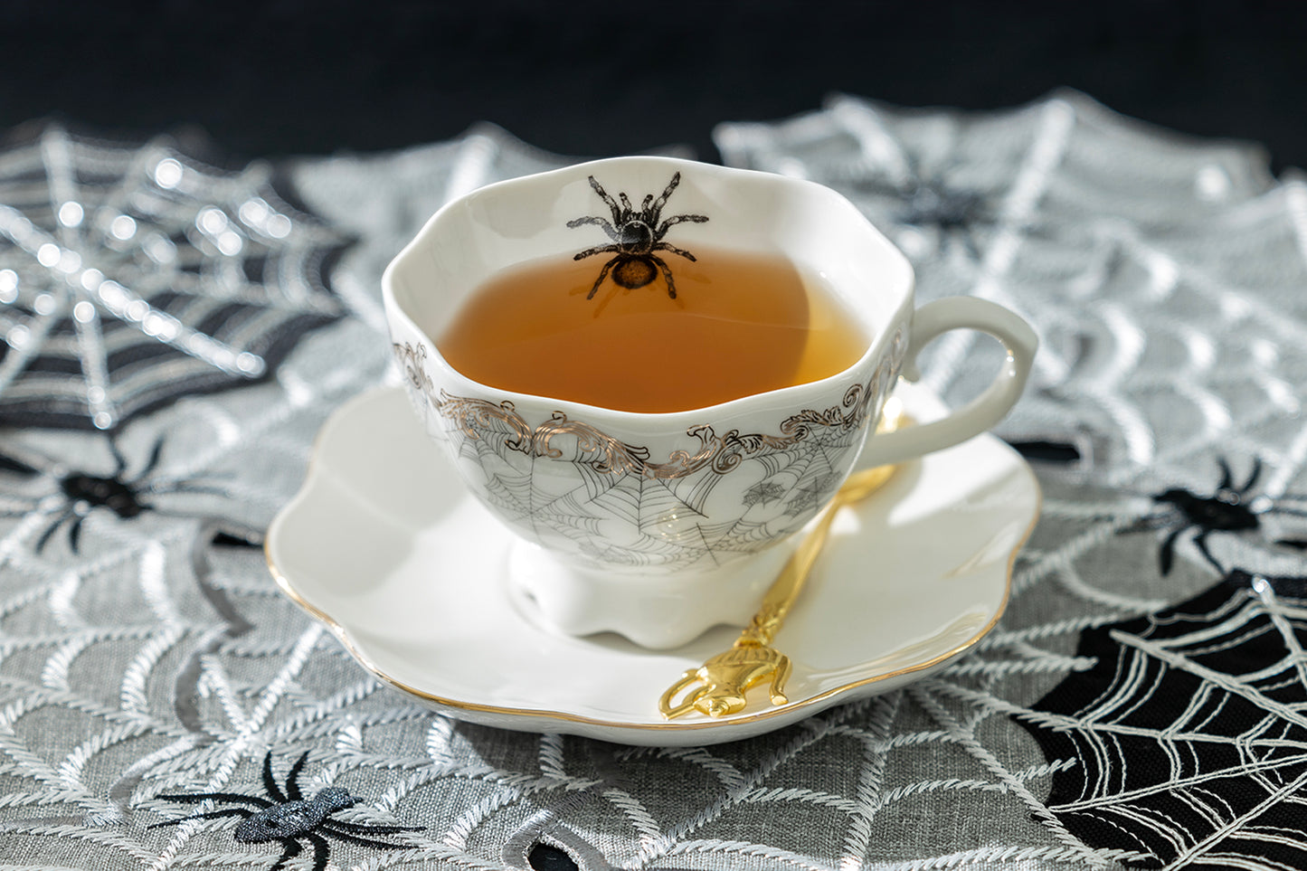 Grace Teaware Halloween Spider Web White Gold Scallop Fine Porcelain Tea Cup and Saucer set of 1