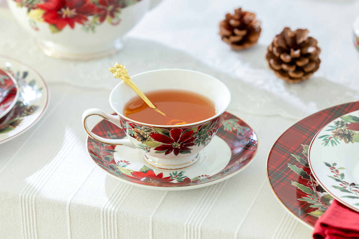 Poinsettia Pine Cone Fine Porcelain Tea Set