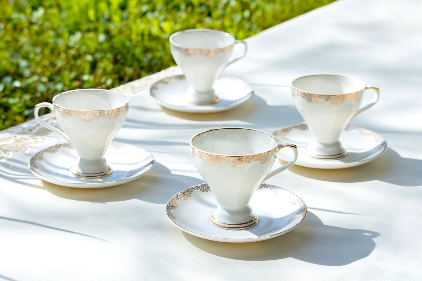 Grace Teaware White Gold Lace Fine Porcelain Tea Cup and Saucer set of 4