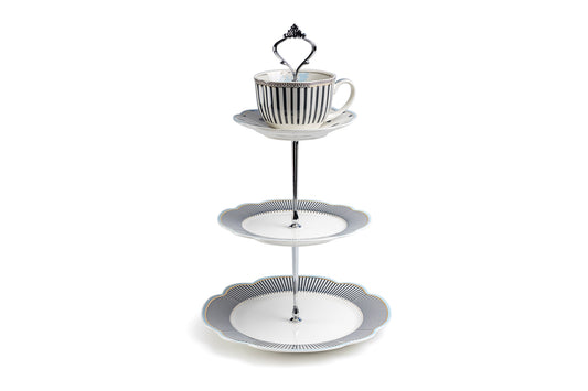 Dark Gray Stripes with Gold Dots Scallop Fine Porcelain 3-Tier Server