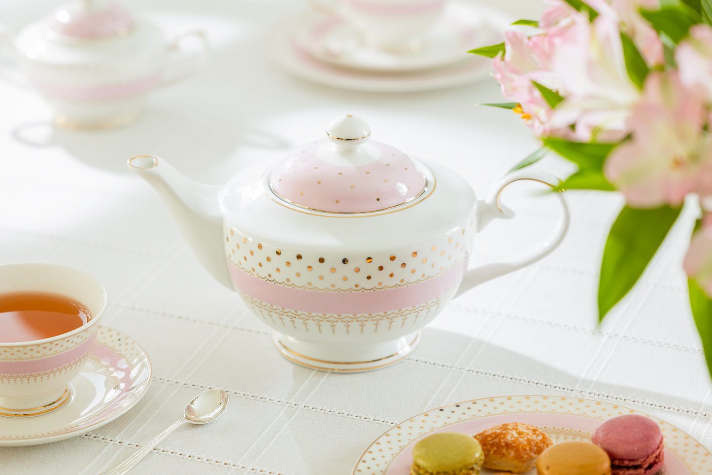 Pink Stripe with Gold Dots Fine Porcelain Teapot