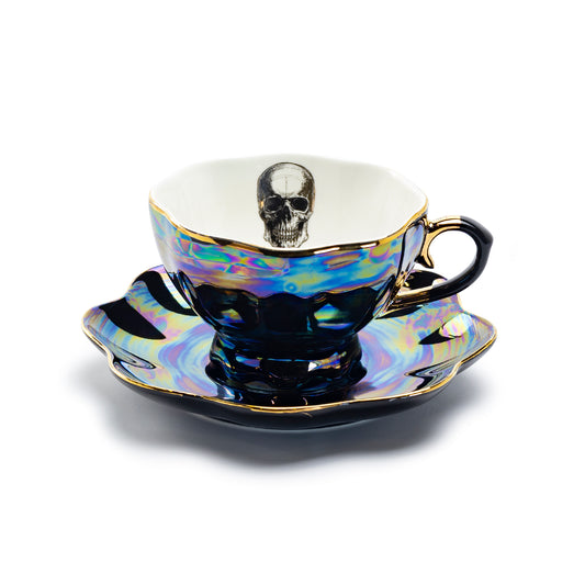 Grace Teaware Skull Black Gold Luster Fine Porcelain Tea Cup and Saucer