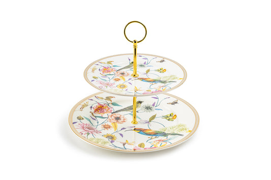 Spring Flowers with Hummingbird Fine Porcelain 2-Tier Server